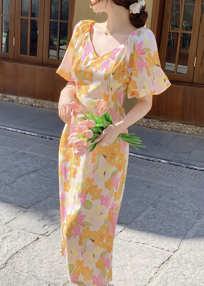 French V Neck Print Side Open Cotton Long Dress Summer XX050