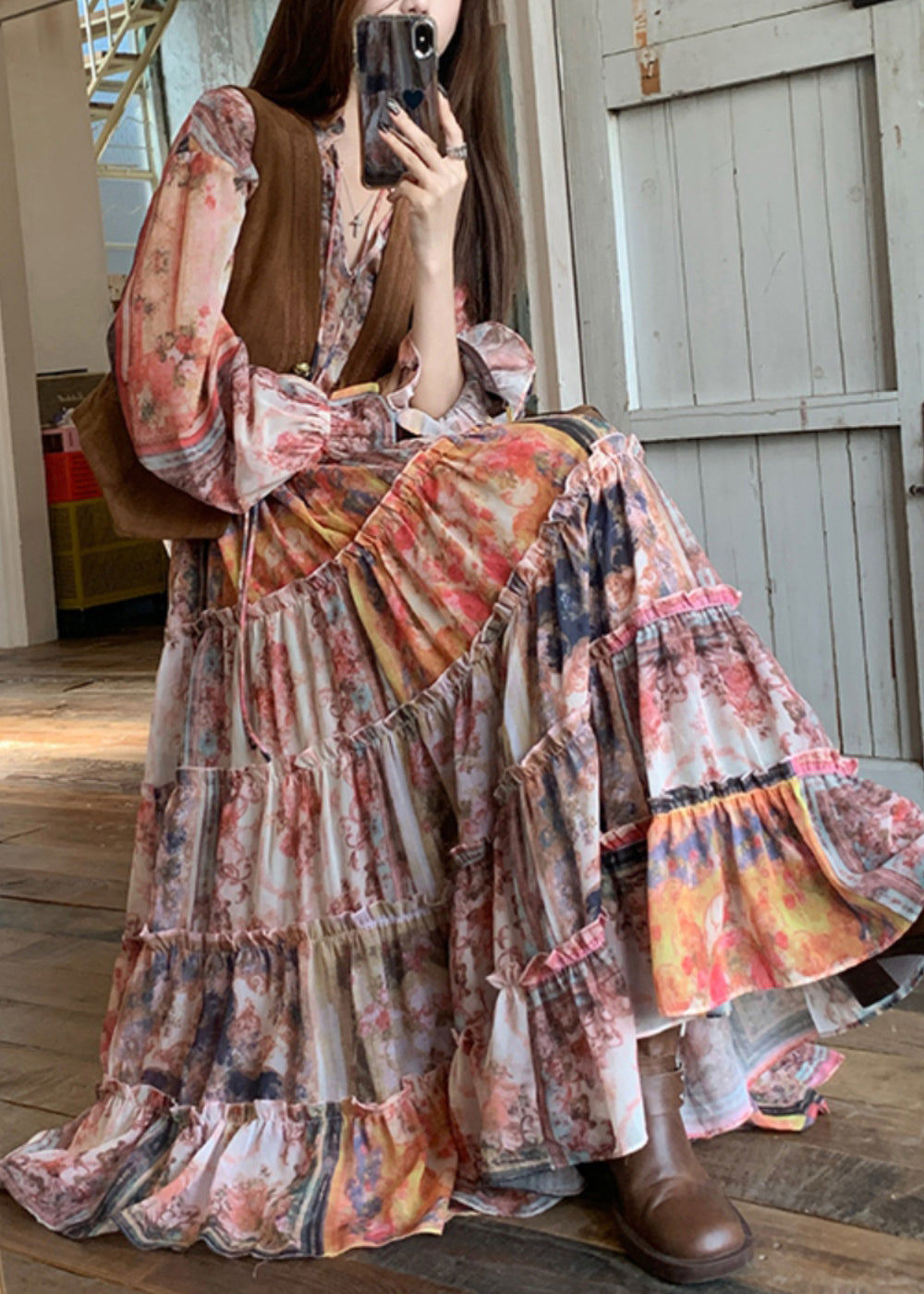 Waistcoat French Dress Print Flare Two Pieces And V Maxi Set Neck