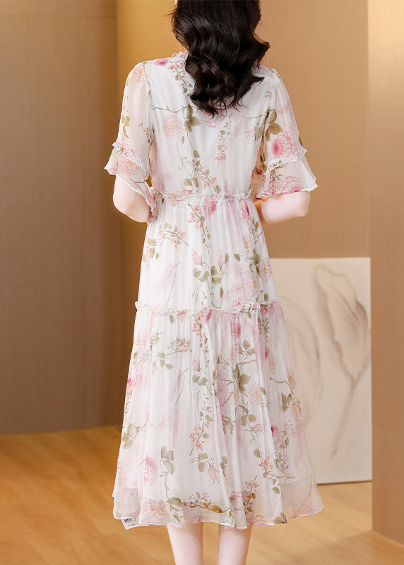 French V Neck Ruffled Print Lace Up Silk Dress Summer BB021