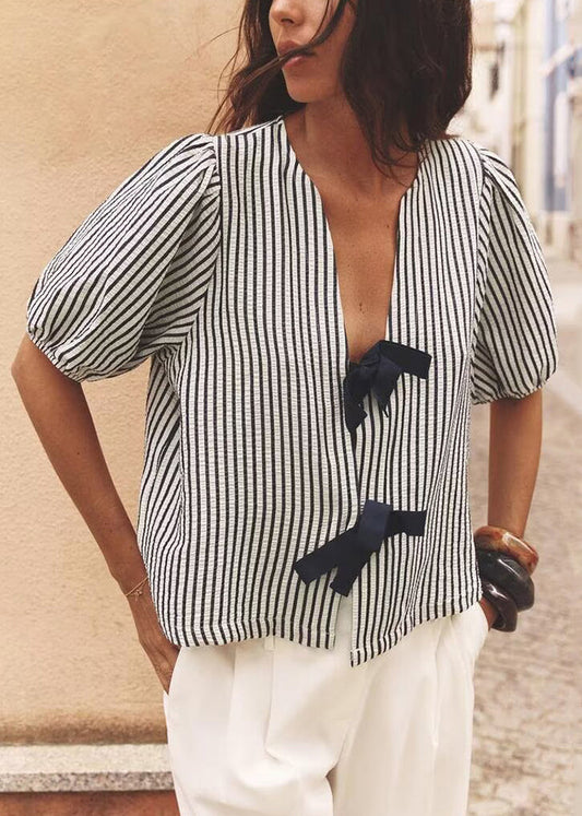 Neck Bow French Shirt V Summer Striped Cotton