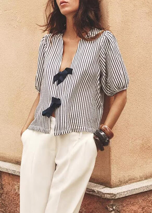 Neck Bow French Shirt V Summer Striped Cotton