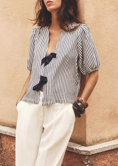 Neck Bow French Shirt V Summer Striped Cotton