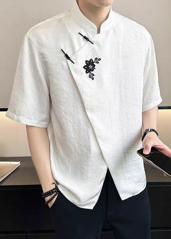 Cotton Embroideried French T Summer Mens Asymmetrical White Shirt