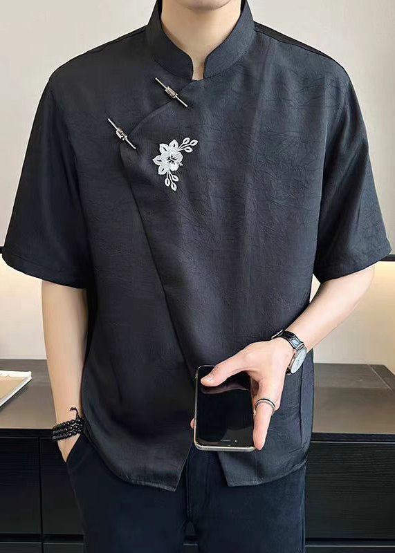 Cotton Embroideried French T Summer Mens Asymmetrical White Shirt