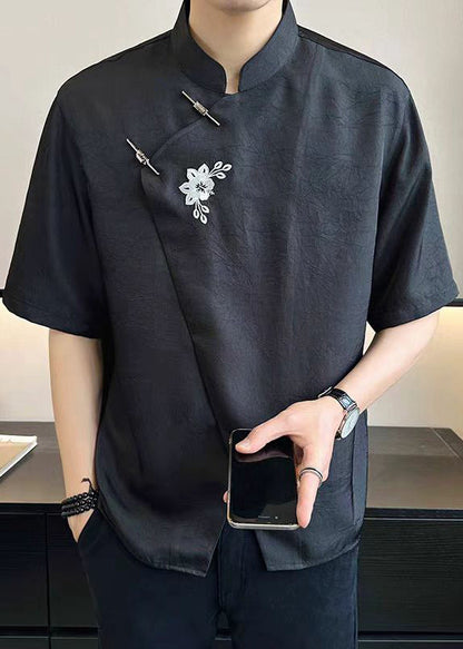 Cotton Embroideried French T Summer Mens Asymmetrical White Shirt