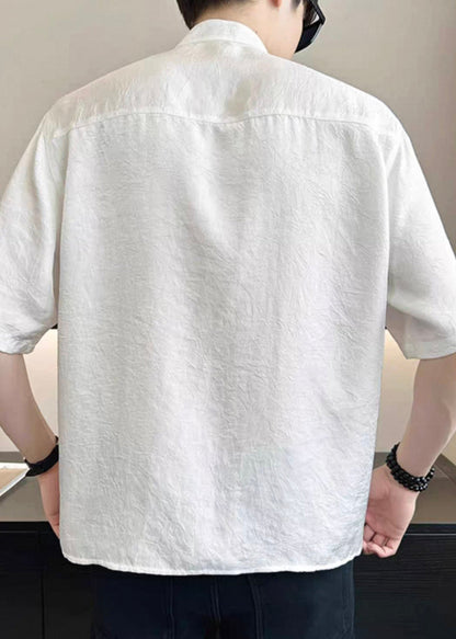 Cotton Embroideried French T Summer Mens Asymmetrical White Shirt