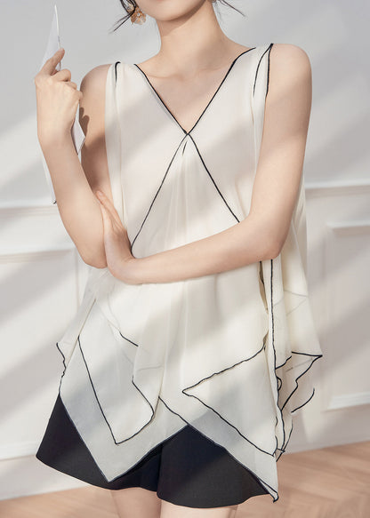 White Asymmetrical Sleeveless French Tops Chiffon Patchwork