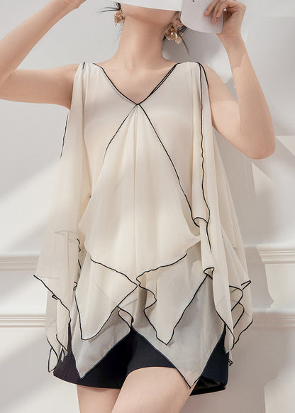 White Asymmetrical Sleeveless French Tops Chiffon Patchwork