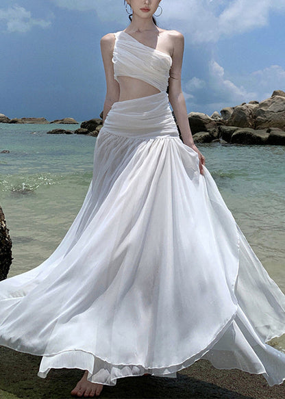 Wrinkled French White Asymmetrical Vacation Chiffon Dresses