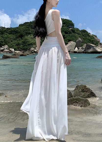 Wrinkled French White Asymmetrical Vacation Chiffon Dresses