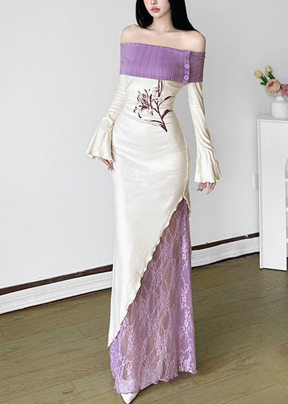 French White Cold Shoulder Patchwork Cotton Party Dress Spring YP034