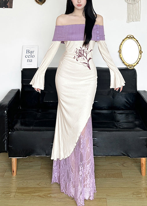 French White Cold Shoulder Patchwork Cotton Party Dress Spring YP034