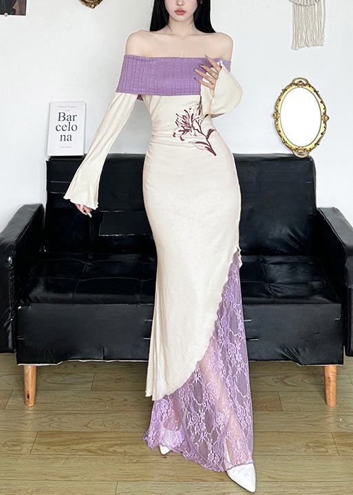 French White Cold Shoulder Patchwork Cotton Party Dress Spring YP034