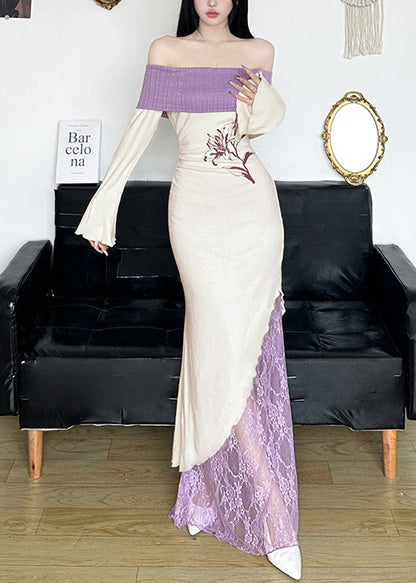 French White Cold Shoulder Patchwork Cotton Party Dress Spring YP034