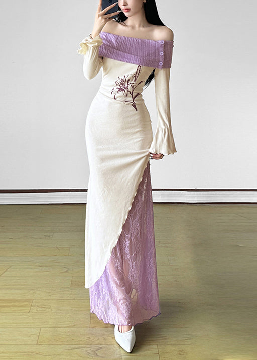 French White Cold Shoulder Patchwork Cotton Party Dress Spring YP034