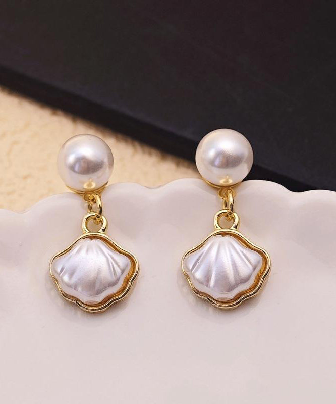 White Drop Pearl Earrings French Shell Copper Alloy