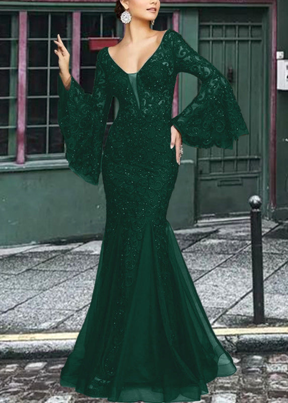 Embroidered Sleeve French Fishtail Flare Dresses Lace Solid White