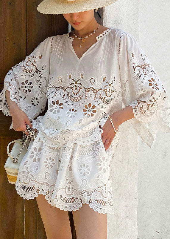 Out Lace Set Embroidery Hollow White French Summer For