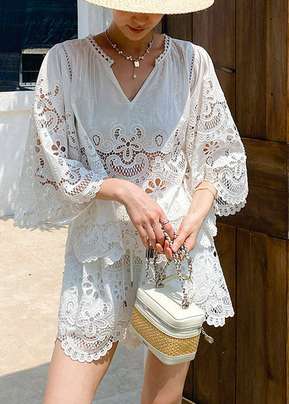 Out Lace Set Embroidery Hollow White French Summer For