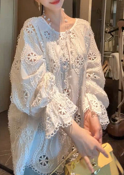 French Hollow White Out Sleeve Cotton Flare Shirt O Neck