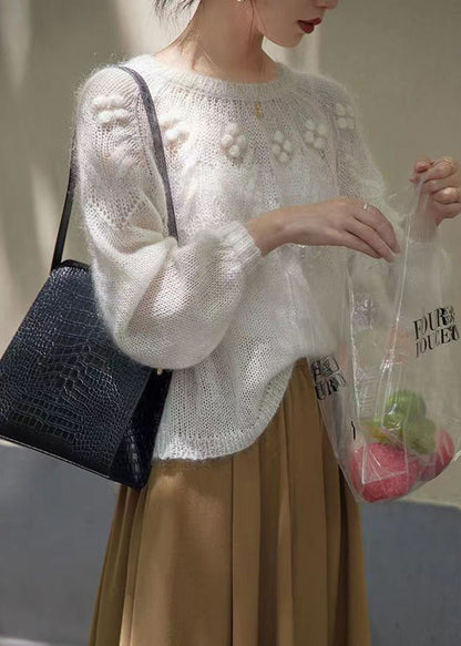 French White O Neck Hollow Out Patchwork Knit Sweaters Long Sleeve TU025