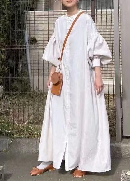 Sleeve French Oversized Cotton Lantern Shirt Dresses White