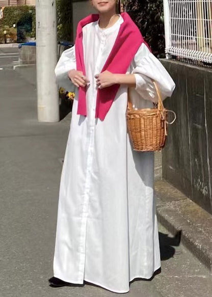 Sleeve French Oversized Cotton Lantern Shirt Dresses White