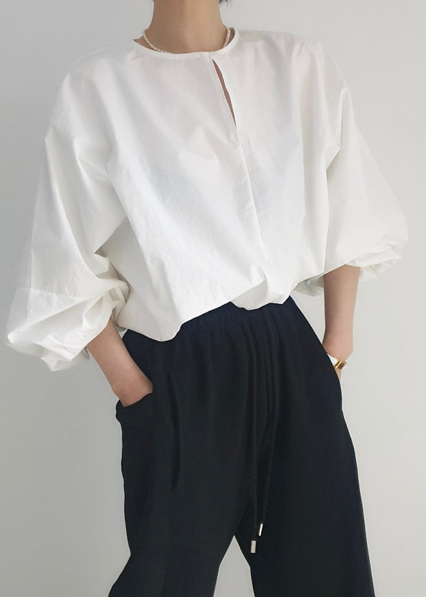 White French Tops Lantern Cotton Shirt Oversized Sleeve