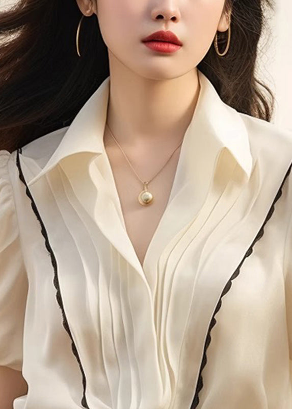 White Peter Patchwork Tops Pan Silk French Wrinkled Summer Collar