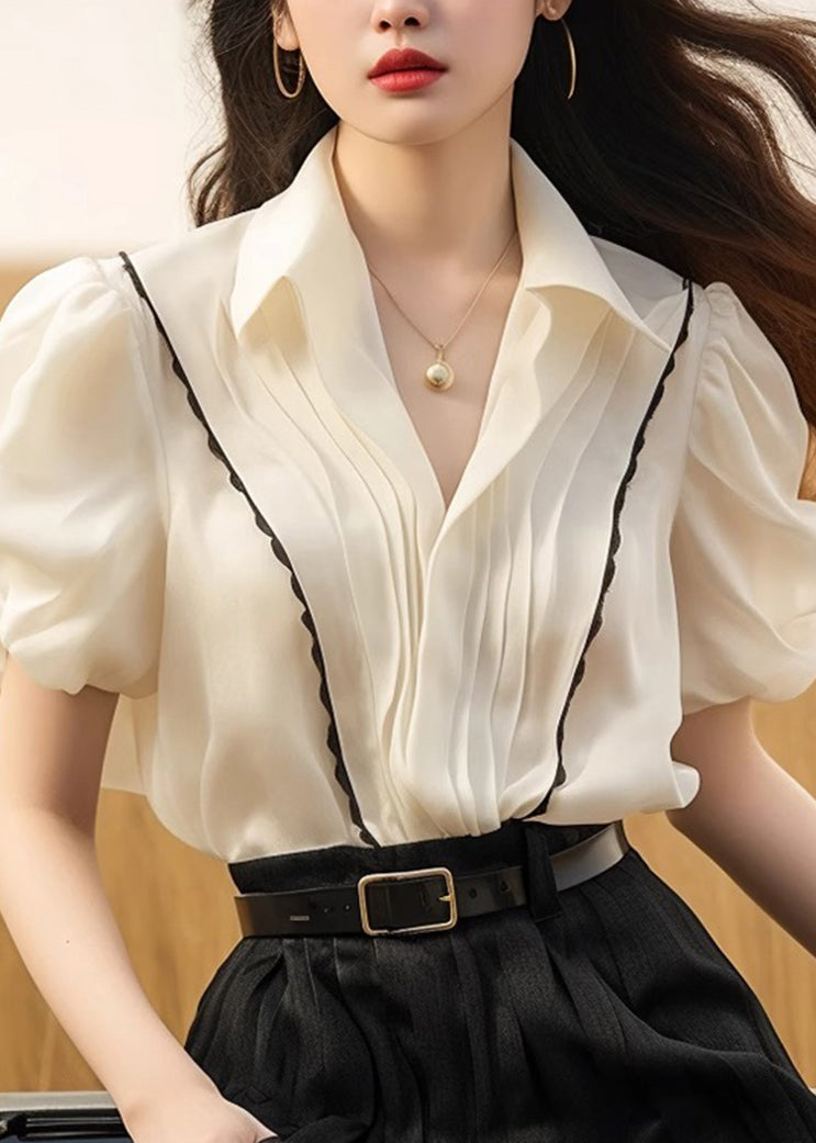 White Peter Patchwork Tops Pan Silk French Wrinkled Summer Collar