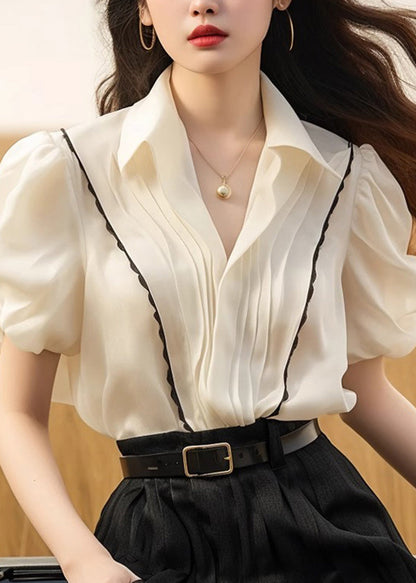 White Peter Patchwork Tops Pan Silk French Wrinkled Summer Collar