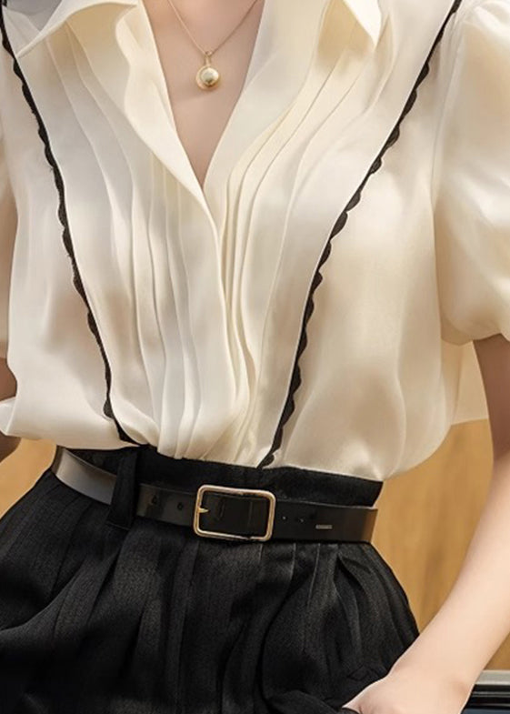 White Peter Patchwork Tops Pan Silk French Wrinkled Summer Collar