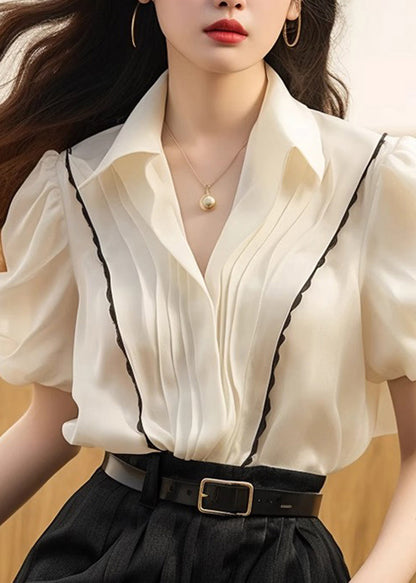 White Peter Patchwork Tops Pan Silk French Wrinkled Summer Collar