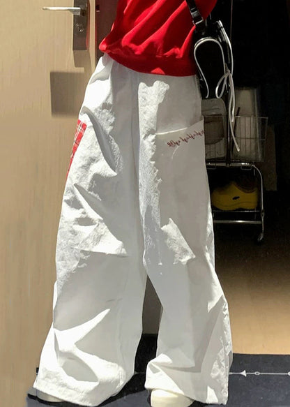 Patchwork Pockets Fall French White Cotton Plaid Pants