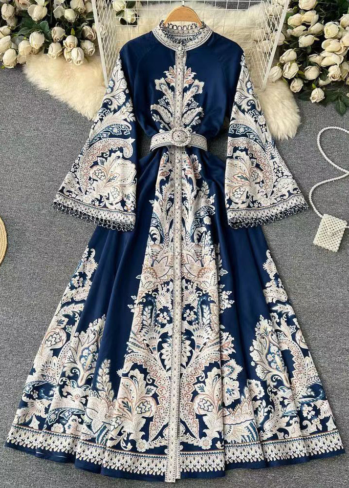 French White Print Sashes Cotton Shirts Dress Flare Sleeve TR034