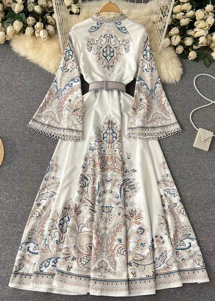 French White Print Sashes Cotton Shirts Dress Flare Sleeve TR034