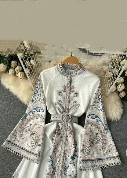 French White Print Sashes Cotton Shirts Dress Flare Sleeve TR034