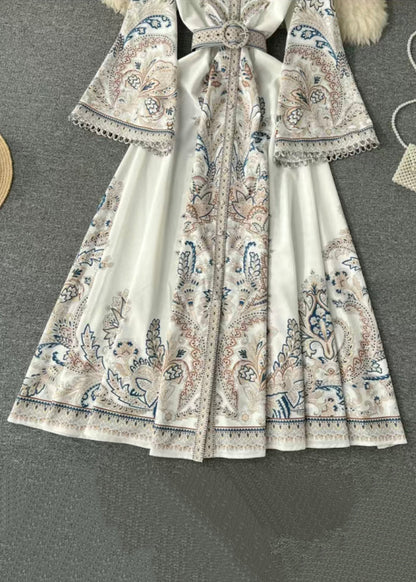 French White Print Sashes Cotton Shirts Dress Flare Sleeve TR034