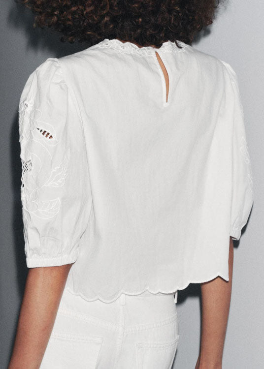 Puff French Top Out White Cotton Embroidered Sleeve Hollow
