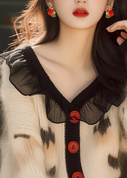 French White Ruffled Print Button Knit Cardigans Spring TN031