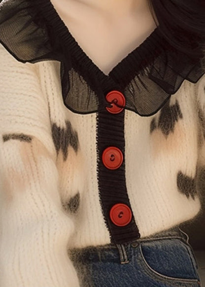 French White Ruffled Print Button Knit Cardigans Spring TN031