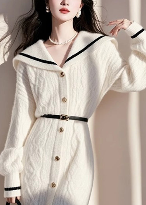 Knit French White Fall Collar Sailor Sweater Button Dress