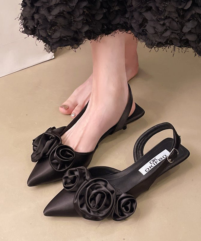 Splicing Toe White French Pointed Satin Floral Sandals