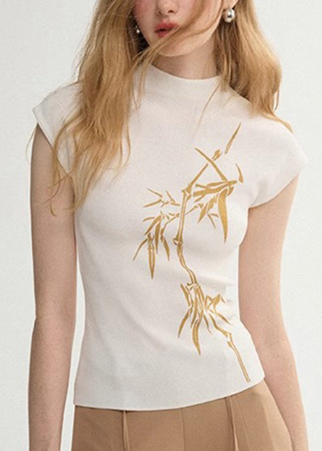 Collar Print Summer Tank Tops White French Cotton Stand