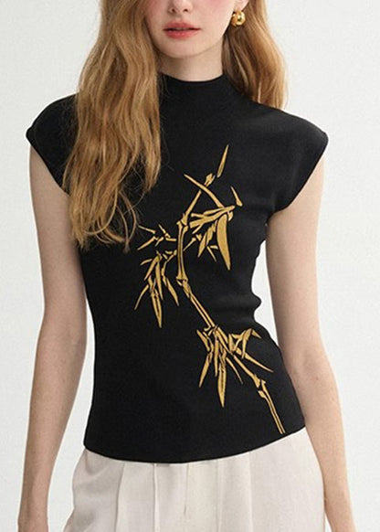 Collar Print Summer Tank Tops White French Cotton Stand