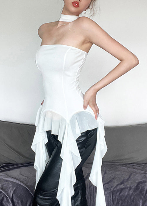 French White Strapless Tasseled Cotton Tank Sleeveless KK082