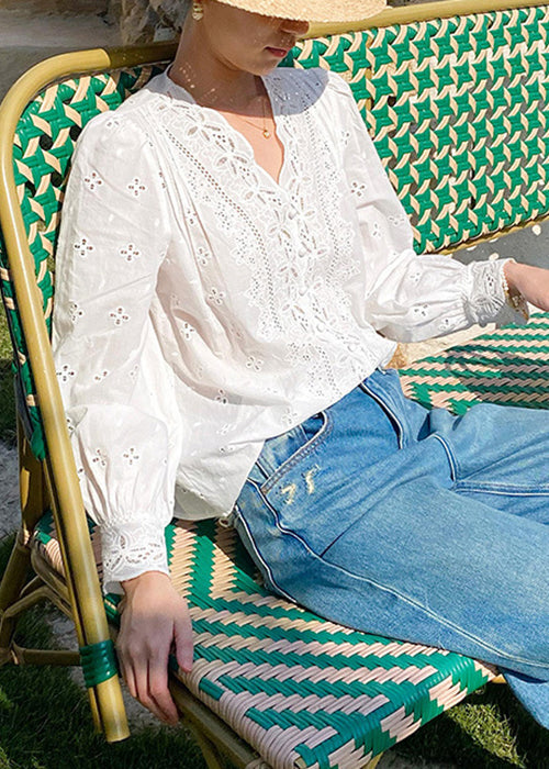 V Hollow White Out Embroidered French Shirt Neck Cotton Spring