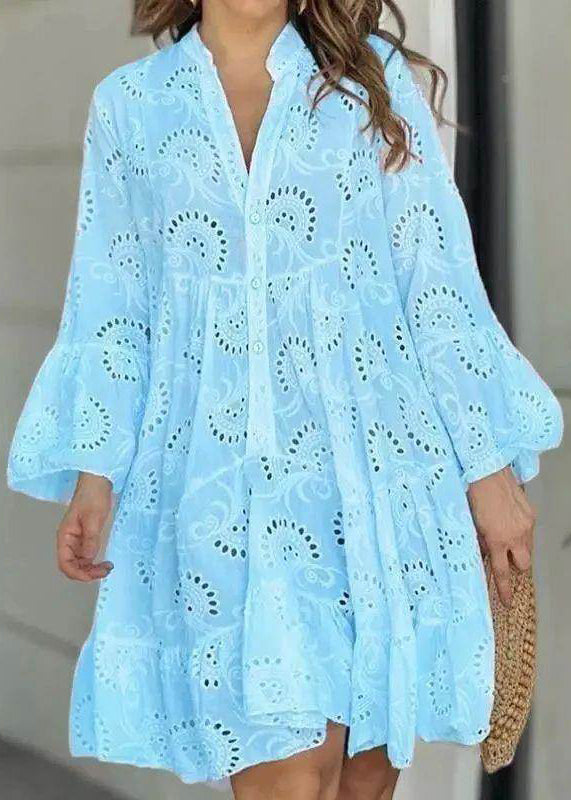 White V Holiday French Hollow Dress Neck Out Lace Long Fall