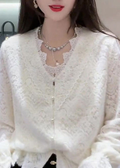 French White V Neck Patchwork Lace Top Spring TN026