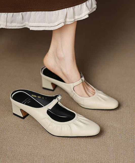 French Splicing Heel Beige Chunky Wrinkled Sheepskin